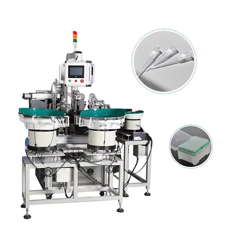 Automatic assembly machine for medical dropper tips and pipette nozzles and filters.
