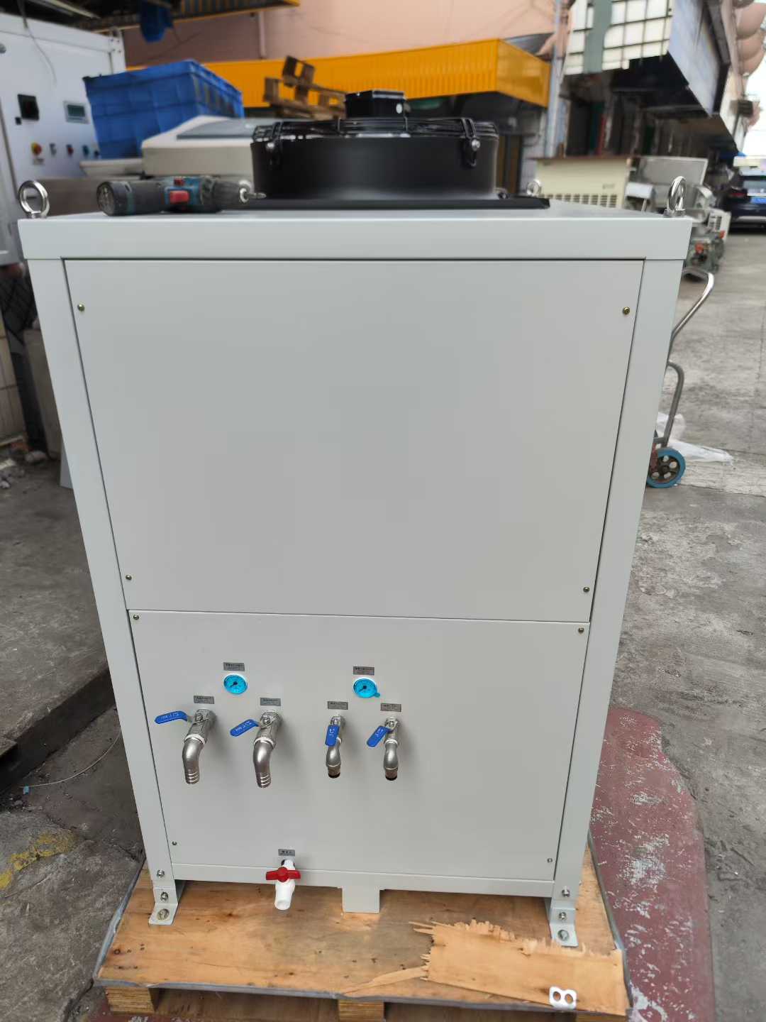 3 brand-new laser industrial chillers, dual temperature control, 10 horsepower unit and 2 20 horsepower units.