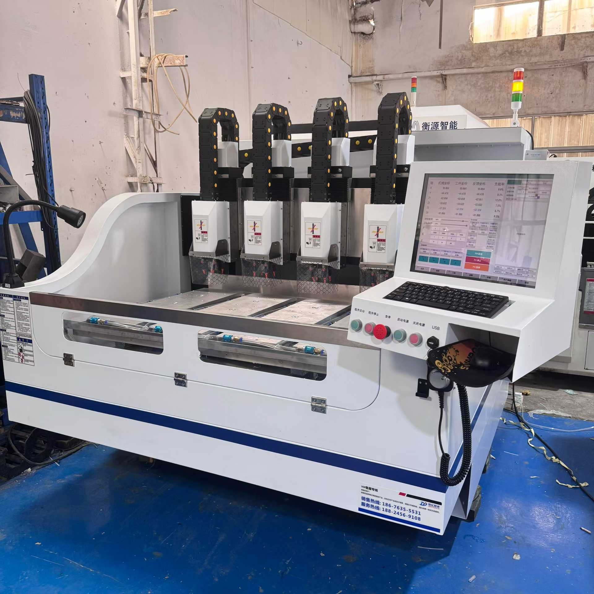 Zhenyi Precision 1390-4 CNC machine, travel range of 1320x970, ideal for creating vehicle central control touchscreens with long glass panels.